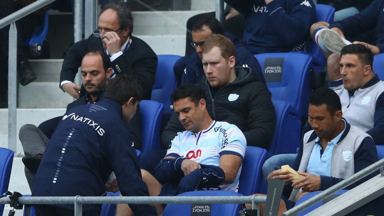 Dan Carter gets treatment after  being substituted during the European Rugby Champions Cup Final.