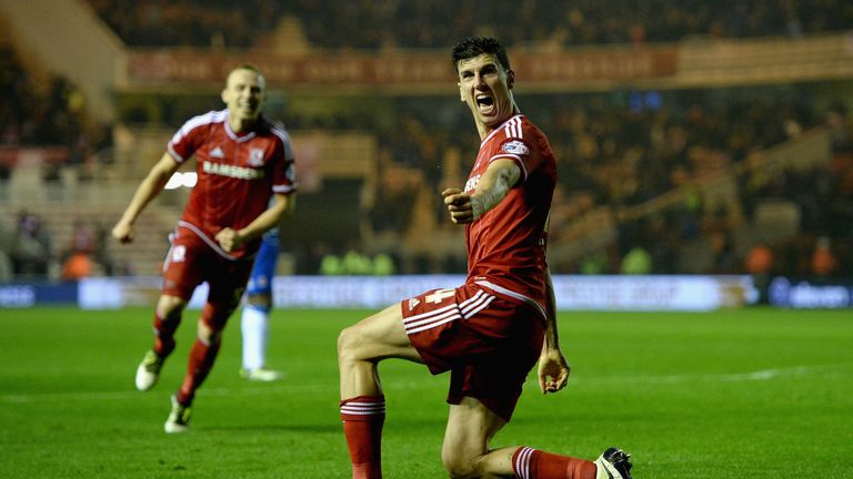 Daniel Ayala of Middlesbrough celebrates Adam Forshaw's injury time winning goal during the Sky Bet Championship match 