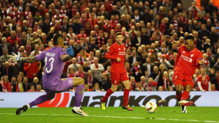 Daniel Sturridge of Liverpool (15) shoots past goalkeeper Alphonse Areola of Villarreal