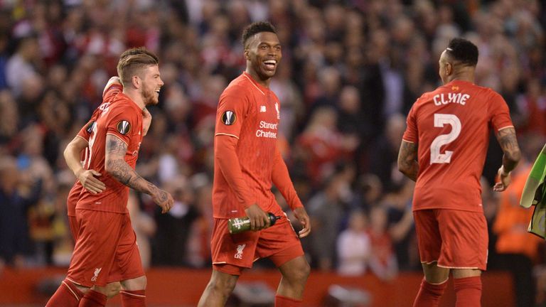 Liverpool's English striker Daniel Sturridge (C) celebrates