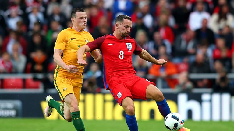 SUNDERLAND, ENGLAND - MAY 27:  Danny Drinkwater of England holds off pressure from Brad Smith of Australia during the International Friendly match between 