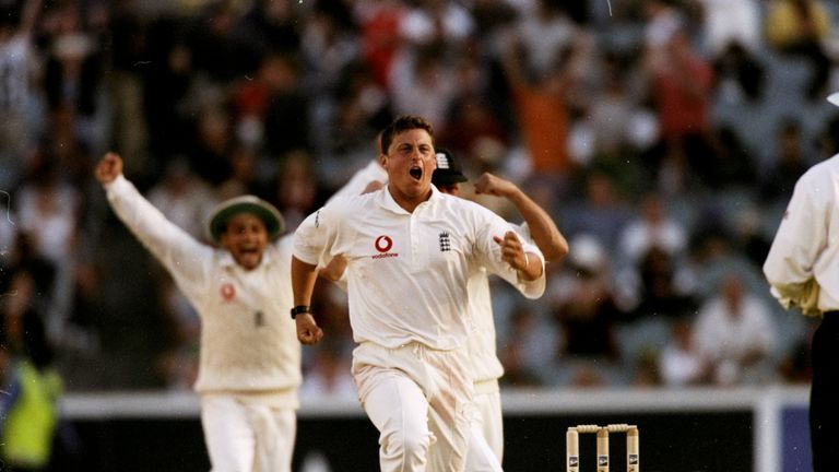 Darren Gough of England celebrates after winning the Fourth Ashes Test against Australia in Melbourne