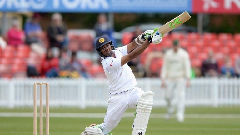 Dasun Shanaka of Sri Lanka bats during the tour match between Leicestershire and Sri Lanka at Grace Road