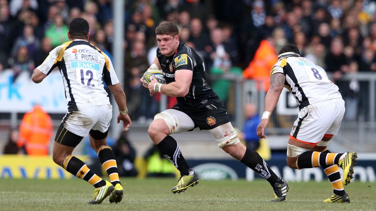 Dave Ewers of Exeter breaks with the ball during the Aviva Premiership match between Exeter Chiefs and Wasps at Sandy Park