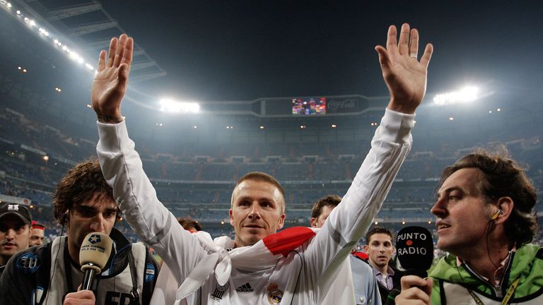 MADRID, SPAIN - JUNE 17:  David Beckham of Real Madrid celebrates after Real won the Primera Liga after the Primera Liga match between Real Madrid and Mall