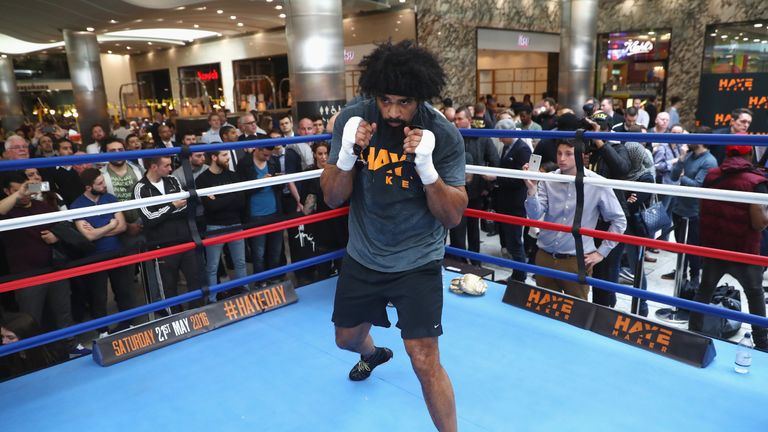 David Haye of Great Britain takes part in his media work out ahead of his fight against Arnold Gjergjaj at Jubilee Place, Canary