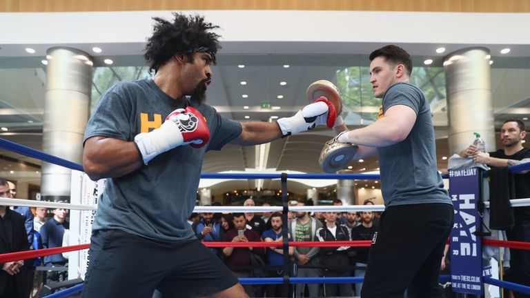 David Haye of Great Britain sparred with trainer Shane McGuigan during his media work out ahead of Saturday