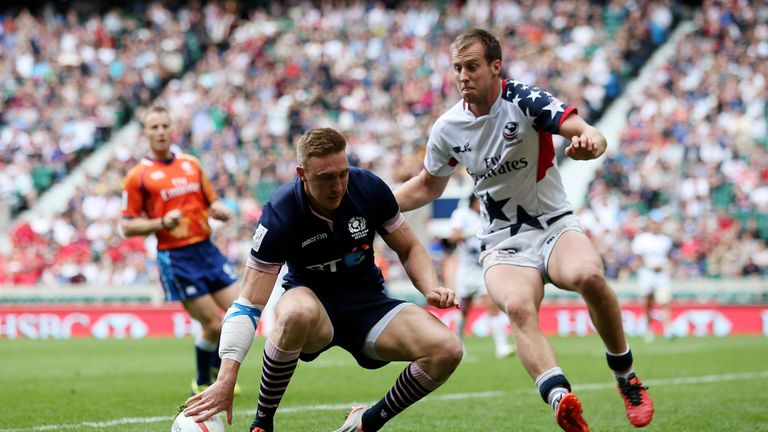 Scotland's Dougie Fife scores a try against USA during day two of the HSBC Sevens World Series at Twickenham Stadium, London.