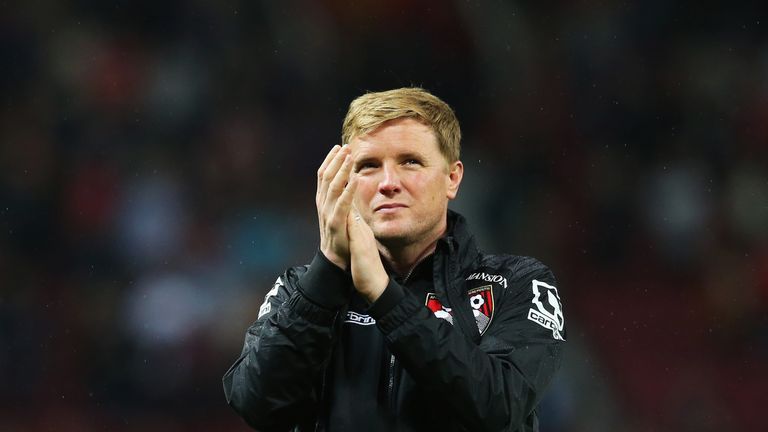 Eddie Howe manager of Bournemouth applauds the travelling fans