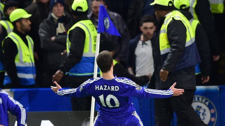 Chelsea's Eden Hazard celebrates scoring his side's second goal of the game v Tottenham, Premier League