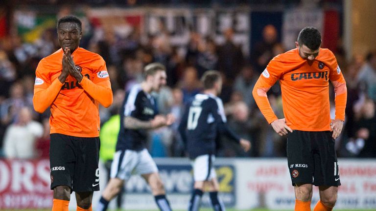 Dundee United scorer Edward Ofere (l) and Mark Durnan at full-time