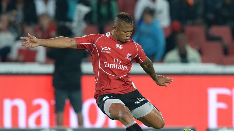  Elton Jantjies of the Lions converts a penalty  during the Super Rugby match between Emirates Lions and DHL Storm