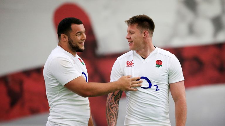 England's Ellis Genge and Teimana Harrison (right) during the indoor training session at Pennyhill Park, Bagshot
