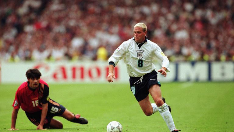 LONDON - JUNE 22:  Paul Gascoigne of England runs with the ball during the UEFA European Championships 1996 Quarter Final match between England and Spain h