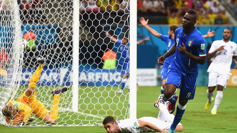  Mario Balotelli of Italy celebrates after scoring the second goal during the 2014 FIFA World Cup Brazil Group D match between En