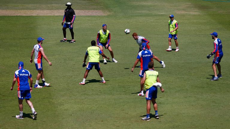 England cricket team playing football in a warm up during England nets and training session at Sahara Stadium