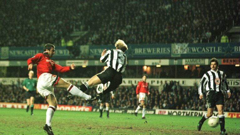 5 Mar 1996:  Eric Cantona scores the opening goal for Man United during the Newcastle United v Manchester United Premier League match at S.James Park