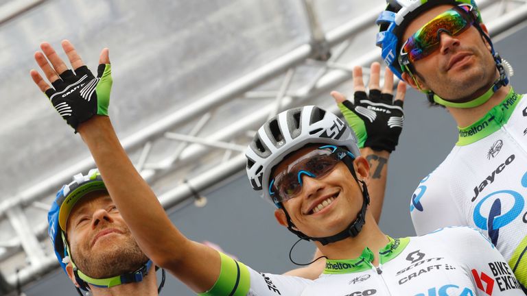 Colombian Esteban Chaves of team Orica waves to fans before the start of the 16th stage of the 99th Giro d'Italia, Tour of Italy, from Bressanone / Brixen 