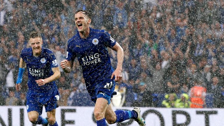 Leicester midfielder Andy King celebrates after scoring against Everton