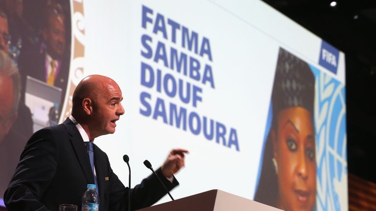Fatma Samba Diouf Samoura is introduced by FIFA President Gianni Infantino