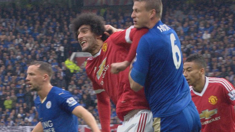 Marouane Fellaini elbows Robert Huth for the first time before doing so again seconds later.