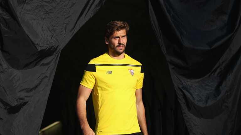 Fernando Llorente looks on during a Sevilla training session on the eve of the UEFA Europa League Final against Liverpool in Basel