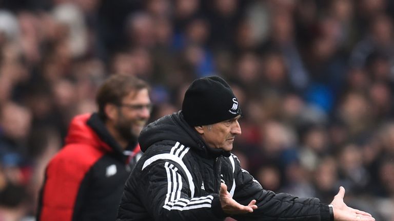 Francesco Guidolin, manager of Swansea City, reacts during the Barclays Premier League match v Liverpool at the Liberty Stadium
