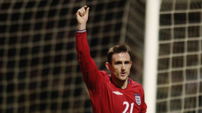 LONDON - FEBRUARY 2003:  Francis Jeffers of England celebrates after scoring a goal during the International Friendly match between England and Australia