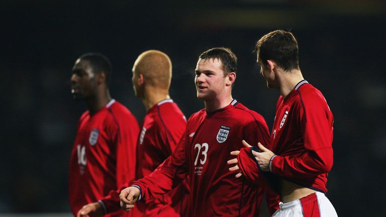 FEBRUARY 2003:  Wayne Rooney (left) and Francis Jeffers (right) of England make their debuts at international level against Australia