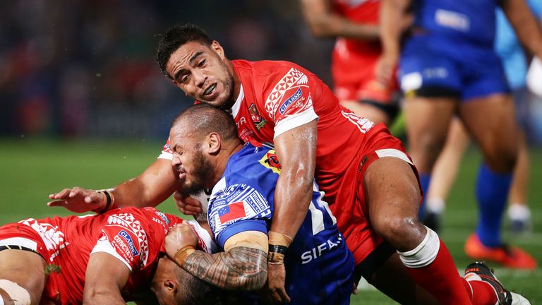 SYDNEY, AUSTRALIA - MAY 07:  Frank Pritchard of Samoa is tackled during the International Rugby League Test match between Tonga and Samoa at Pirtek Stadium