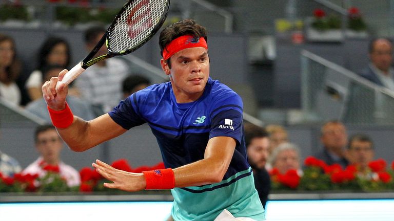 Milos Raonic in his New Balance kit for the French Open, pictured at the Madrid Open