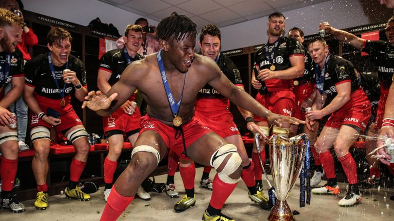 Maro Itoje celebrates after Saracens' Champions Cup final win over Racing 92