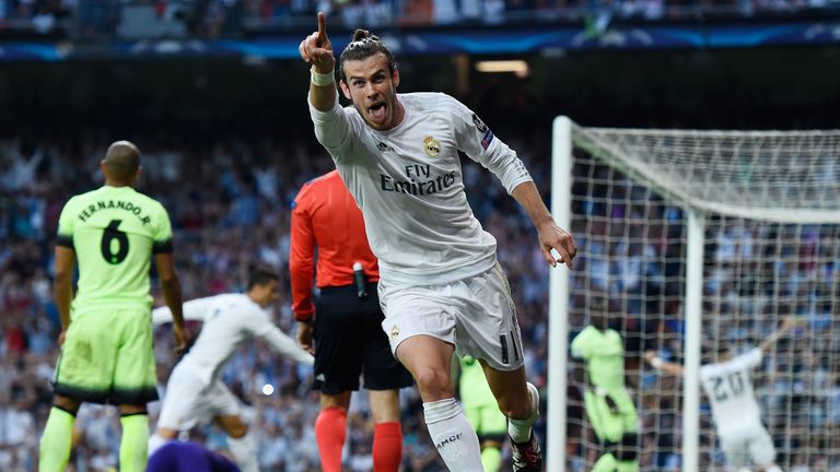 Gareth Bale celebrates after scoring for Real Madrid against Manchester City