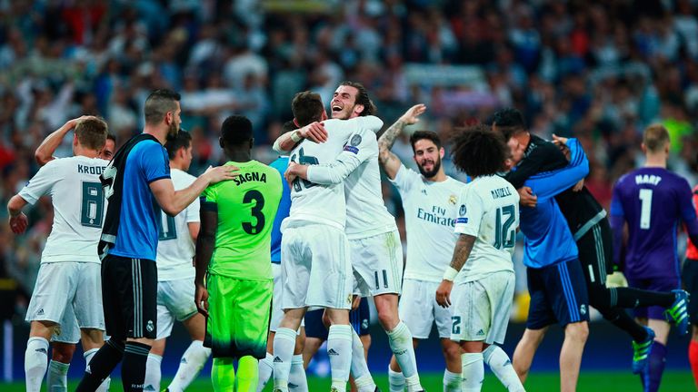Gareth Bale and Mateo Kovacic of Real Madrid celebrate victory during the UEFA Champions League semi final, second leg v Manchester City