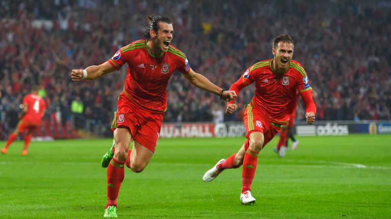 CARDIFF, WALES - JUNE 12:  Wales player Gareth Bale celebrates after scoring the opening goal during 