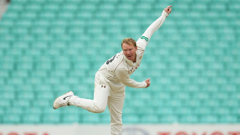 LONDON, ENGLAND - MAY 02: Gareth Batty of Surrey bowls during day two of the Specsavers County Championship Division One match between Surrey and Durham at