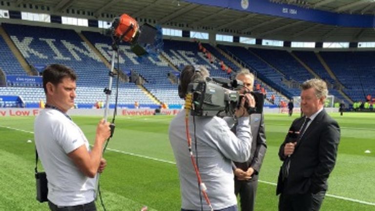 Geoff Shreeves chats pitch-side at the King Power Stadium