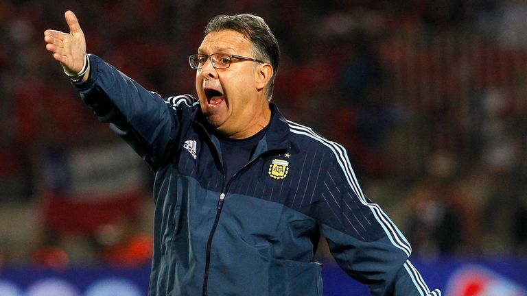 Argentina's coach Gerardo Martino gestures during their Russia 2018 FIFA World Cup South American Qualifiers' football match against Chile, March 2016
