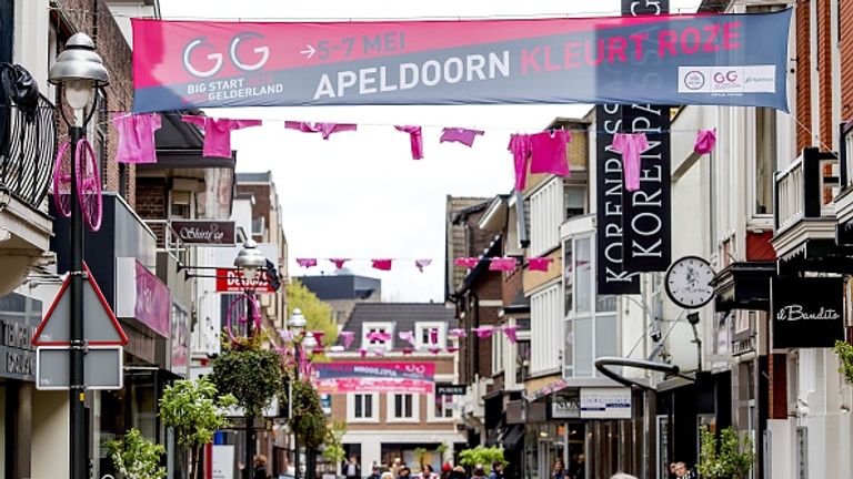 A picture taken on April 29, 2016 shows banners and pink decorations ahead of the start of the Giro d'Italia in Apeldoorn.
