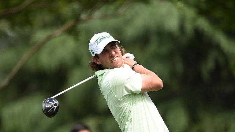 Andrew Loupe hits his tee shot on the 11th hole during the first round of the Wells Fargo Championship at Quail Hollow on May 5