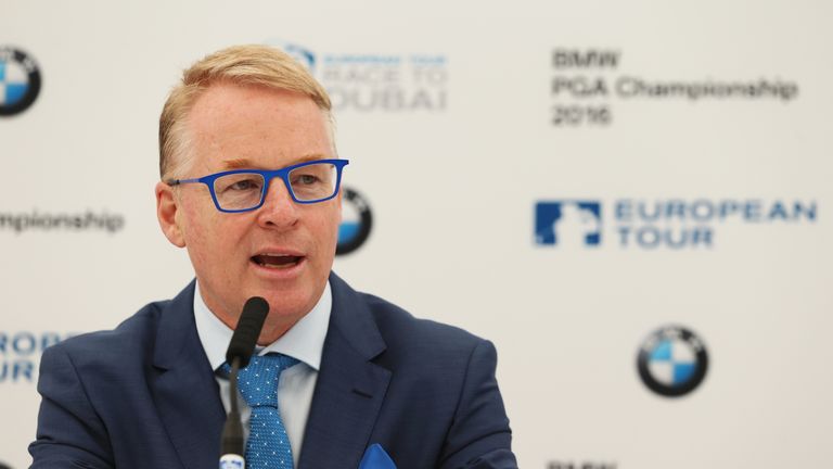 European Tour Chief Executive Keith Pelley speaks at a press conference during day four of the BMW PGA Championship at Wentworth