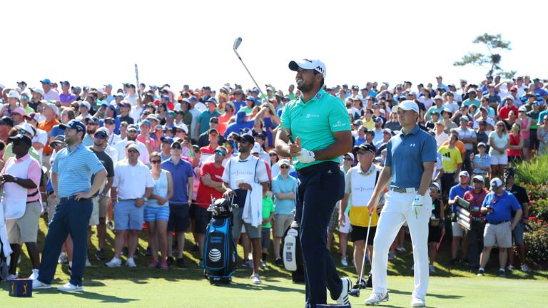 Jason Day of Australia tee's off at the 18th during the resumption of the weather delayed second round of THE PLAYERS Championship at Sawgrass