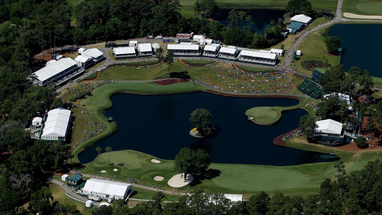 PONTE VEDRA BEACH, FL - MAY 15:  A general view of the 16th and 17th hole is seen from the MetLife Blimp during the final round of THE PLAYERS Championship