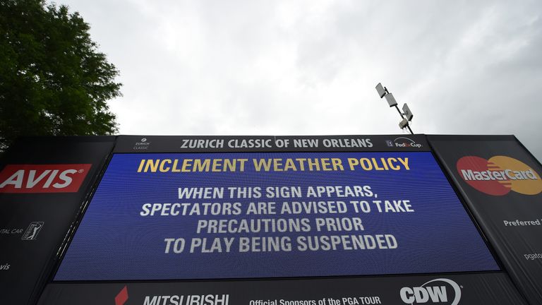 Inclement weather signs are posted along the course during the third round of the Zurich Classic at TPC Louisiana