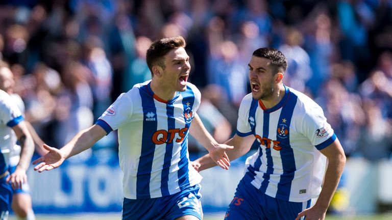 Kilmarnock's Greg Kiltie celebrates scoring the opening goal during the Ladbrokes Scottish Premiership play off final, second leg match at Rugby Park, Kilm