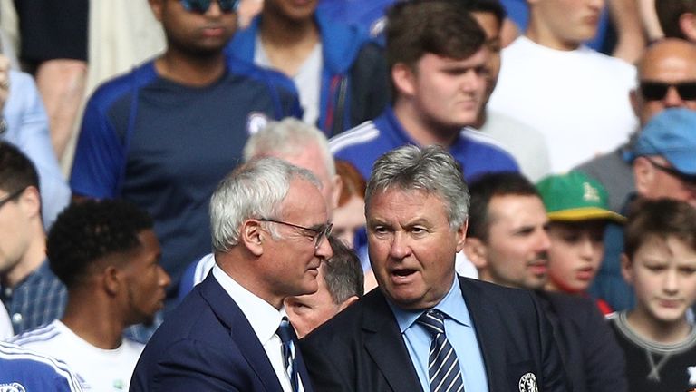 LONDON, ENGLAND - MAY 15:  Claudio Ranieri Manager of Leicester City and Guus Hiddink interim manager of Chelsea shake hands after the Barclays Premier Lea