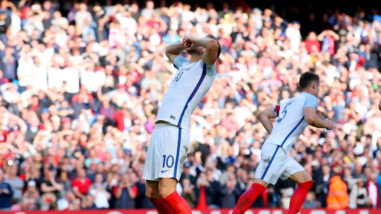 MANCHESTER, ENGLAND - MAY 22:  Harry Kane of England reacts after hitting the post from the penalty spot during the International Friendly match between En