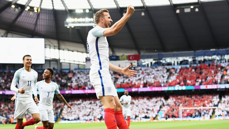 MANCHESTER, ENGLAND - MAY 22:  Harry Kane of England celebrates scoring the opening goal during the International Friendly match between England and Turkey