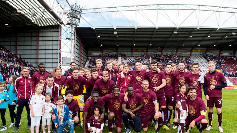 Hearts players celebrate at full-time following their final game of the season