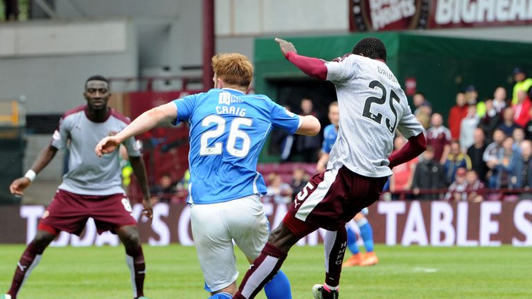 Hearts' Abiola Dauda (right) was shown a red card for this challenge on St Johnstone's Liam Craig 
